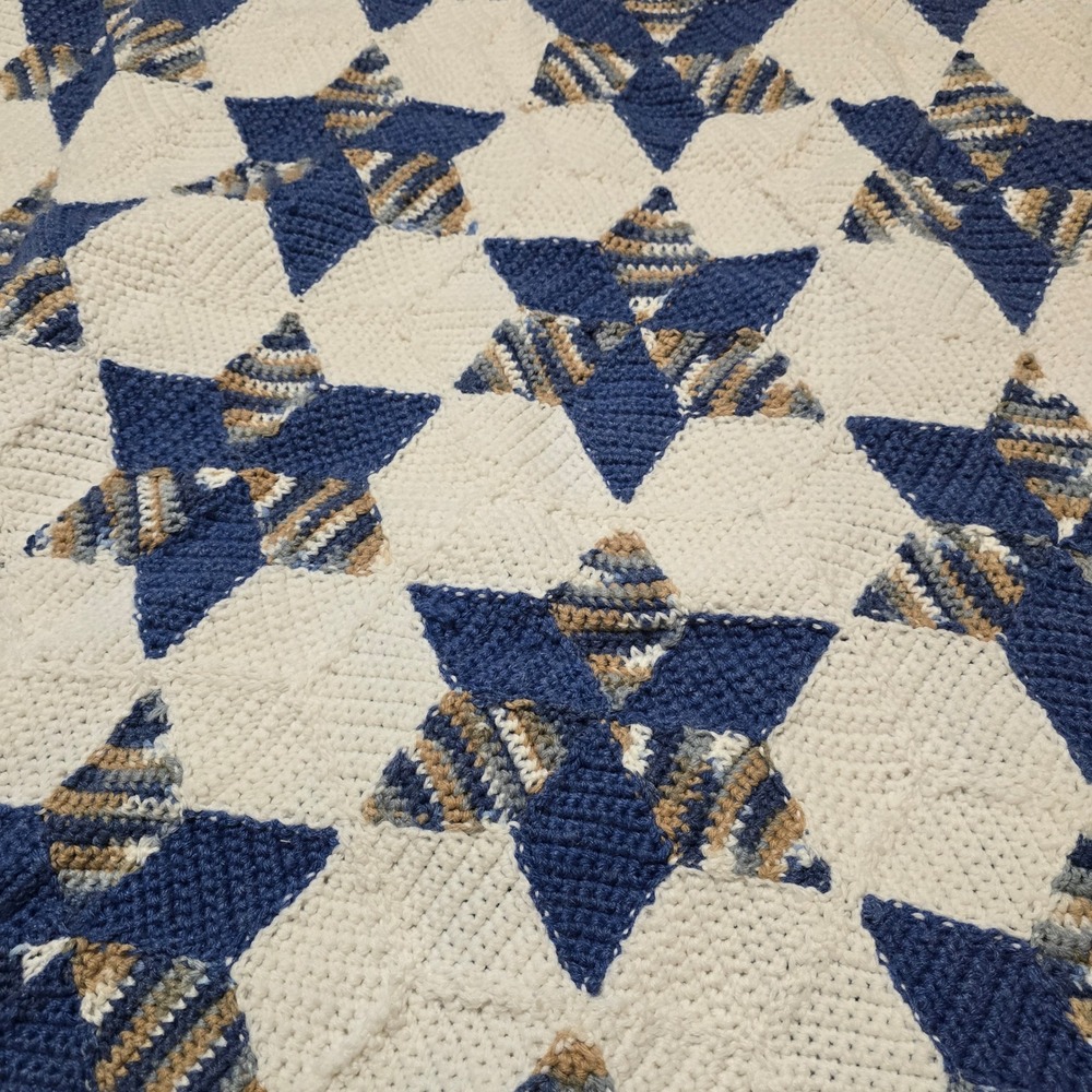 Vintage Crochet Star Afghan Blanket Blue Cream Cottagecore Americana Scalloped - Picture 4 of 6